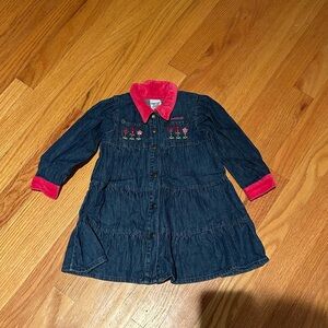 OshKosh B'gosh Denim Dress with Hot Pinm Velvet Collar and Sleeve Trim.